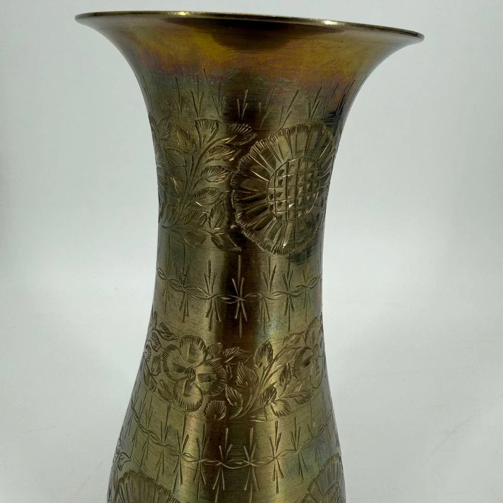 Vintage Etched Solid Brass Floral Vase Floral Design Flared Rim Made in India